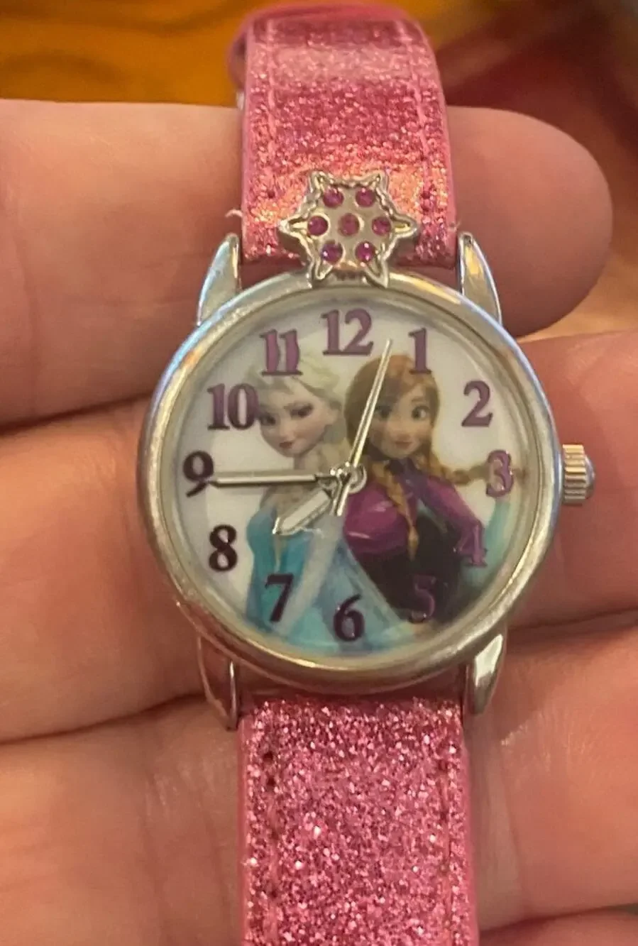 Girl's 26mmm Silver Tone Frozen Disney Watch, Pink Glitter Band